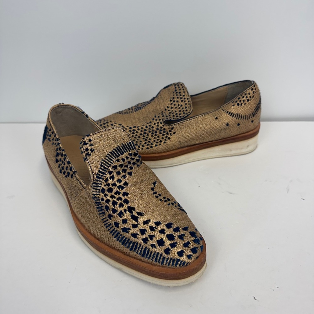 Free People Metallic Gold Navy Embroidered Platform Loafers Slip On Shoes Sz 7.5